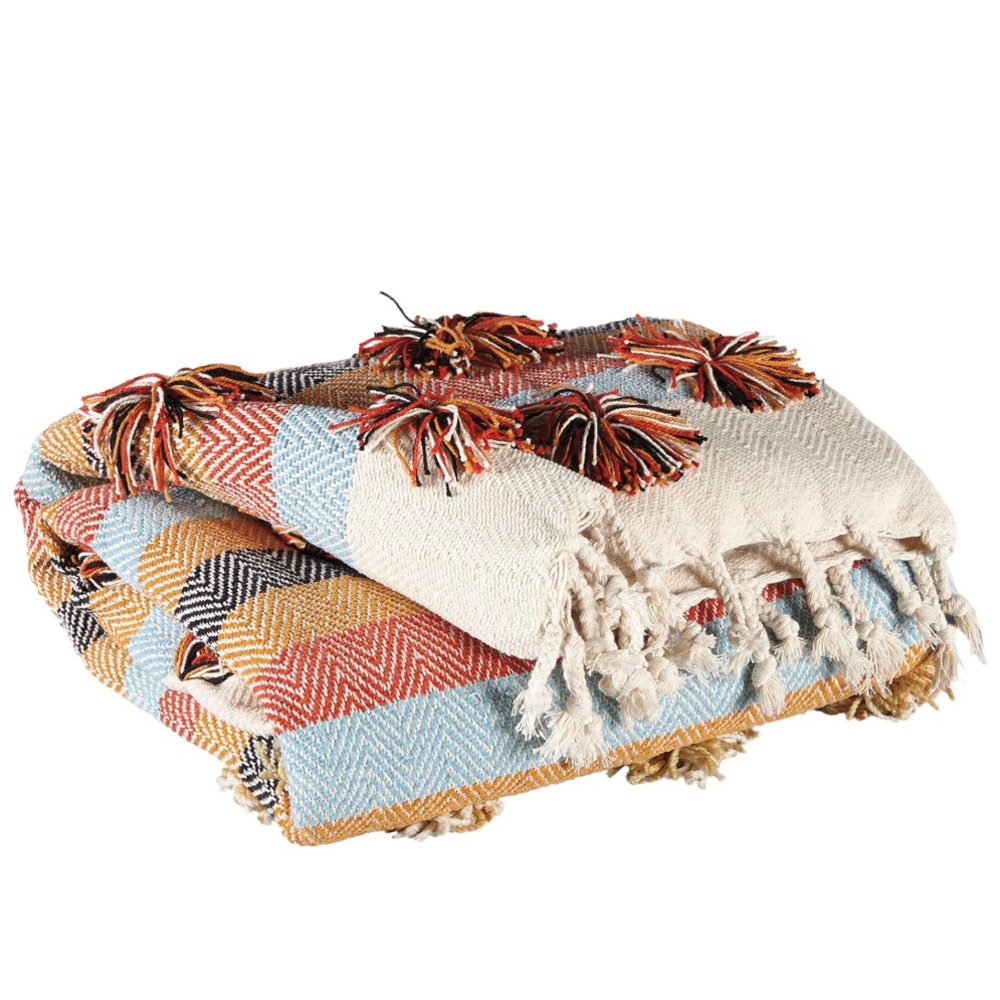 Jacinta Woven Pom Throw/blanket - Creme/Blue/Orange - Picture 2 of 10